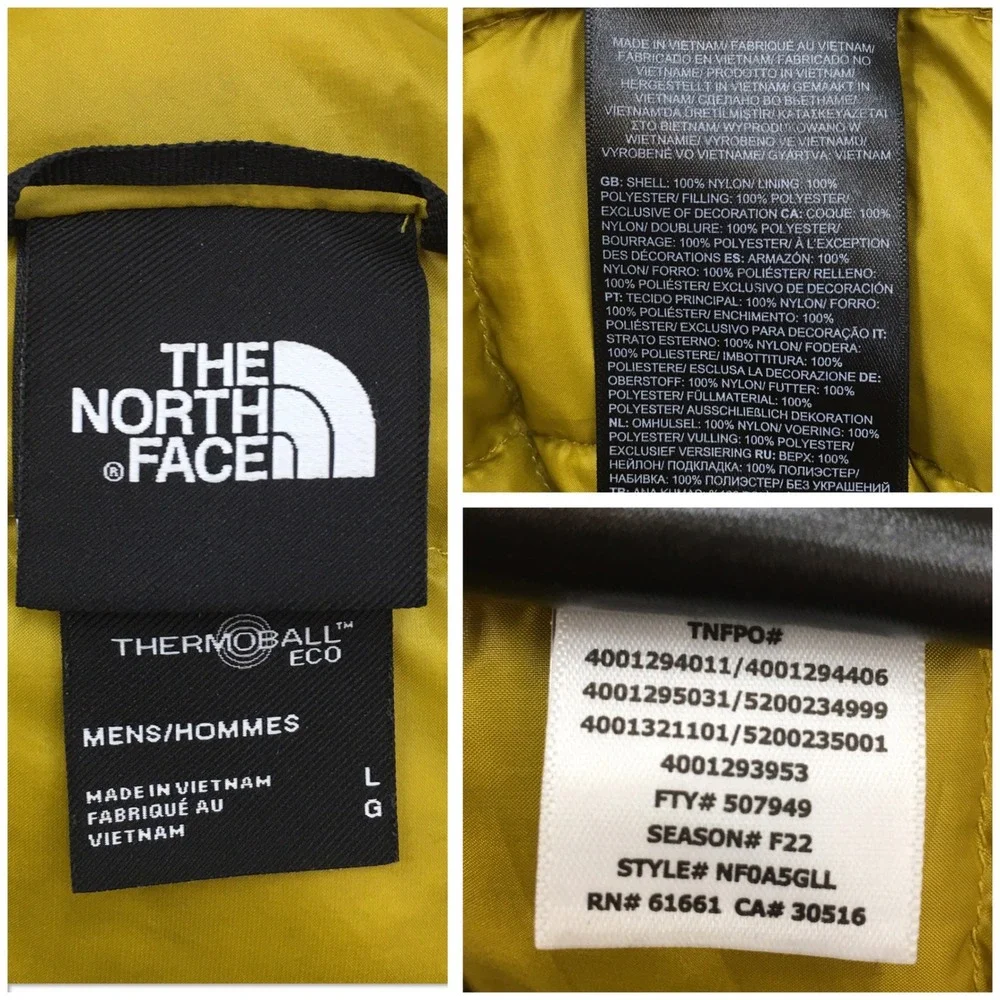 The North Face ThermoBall Eco Puffer Jacket Mens Large Yellow Quilted Full Zip